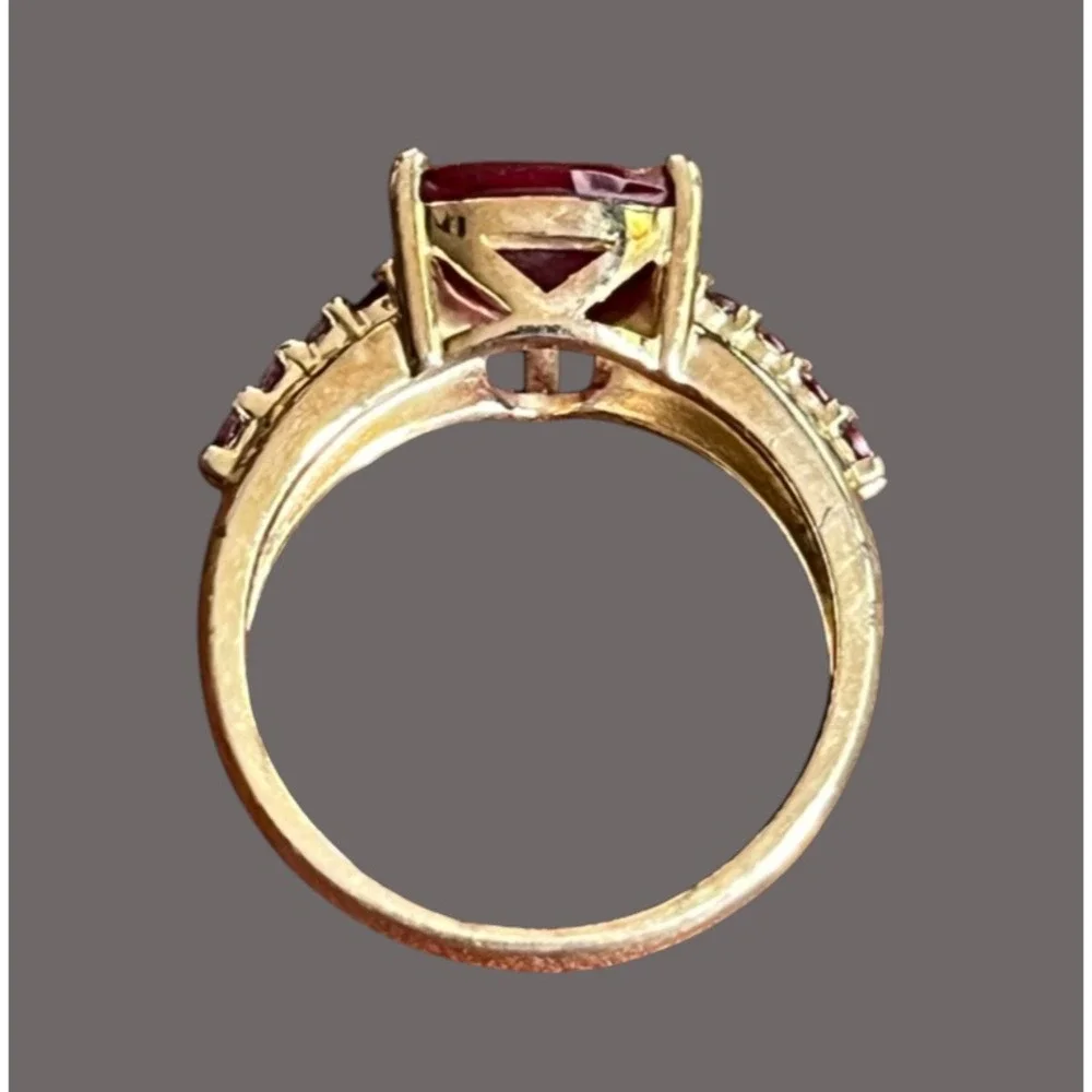 14K GOLD PLATED Sterling Silver Ring LAB CREATED RUBY Trillion w/Side Stones 8